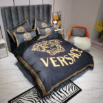 Black Gold Versace Medusa Luxury Branded Logo Design Bed Sheet Crystal Velvet 4 Pieces Bedding Set