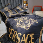 Black Gold Versace Medusa Luxury Branded Logo Design Bed Sheet Crystal Velvet 4 Pieces Bedding Set