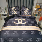 Black Gold Double C Design Chanel Luxury Brand Logo Bed Sheet Crystal Velvet Bedding Set