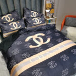 Black Gold Double C Design Chanel Luxury Brand Logo Bed Sheet Crystal Velvet Bedding Set