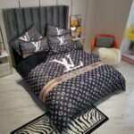 Black Louis Vuitton LV Luxury Branded Logo Design Bed Sheet Crystal Velvet 4 Pieces Bedding Set