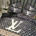 Black Louis Vuitton LV Luxury Branded Logo Design Bed Sheet Crystal Velvet 4 Pieces Bedding Set