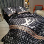 Black Louis Vuitton LV Luxury Branded Logo Design Bed Sheet Crystal Velvet 4 Pieces Bedding Set