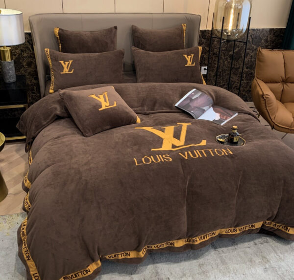 Brown Gold Louis Vuitton LV Milk Velvet Bedding Set