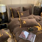 Brown Gold Louis Vuitton LV Milk Velvet Bedding Set