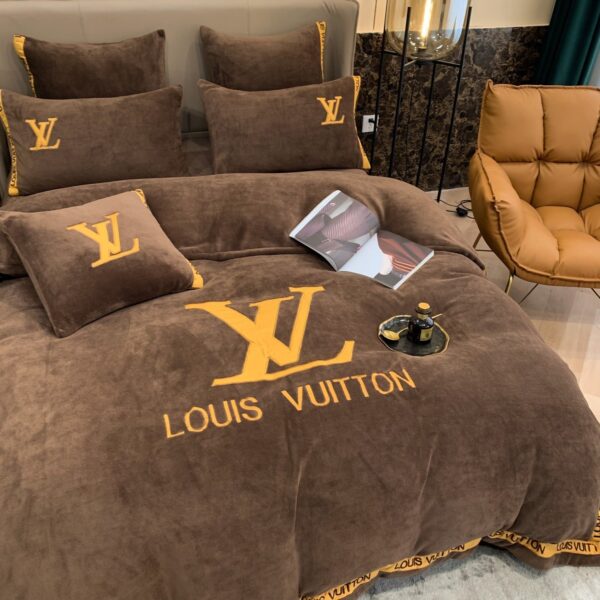 Brown Gold Louis Vuitton LV Milk Velvet Bedding Set