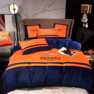 Navy Orange Hermes Horse Milk Velvet Bedding Set