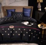 Gucci Black Gold Bee Luxury Branded Logo Bed Sheet Egyptian Cotton 4 Pieces Bedding Set