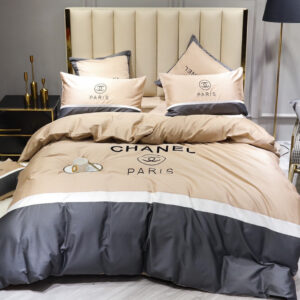 Chanel Classic Double C Design Luxury Egyptian Cotton Bed Sheet Branded Logo 4 Pieces Bedding Set