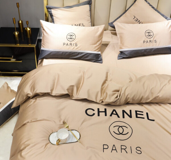 Chanel Classic Double C Design Luxury Egyptian Cotton Bed Sheet Branded Logo 4 Pieces Bedding Set