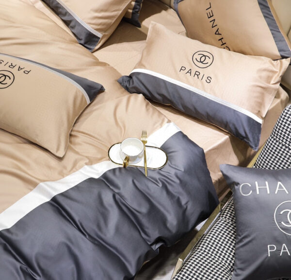 Chanel Classic Double C Design Luxury Egyptian Cotton Bed Sheet Branded Logo 4 Pieces Bedding Set