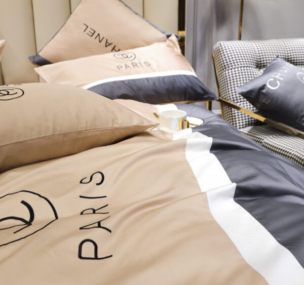 Chanel Classic Double C Design Luxury Egyptian Cotton Bed Sheet Branded Logo 4 Pieces Bedding Set