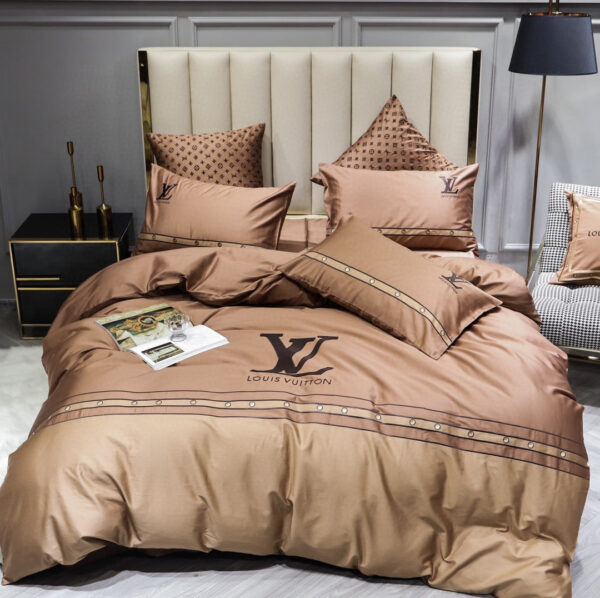 Louis Vuitton Luxury Branded Logo Brown Bed Sheet Egyptian Cotton 4 Pieces Bedding Set