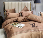 Louis Vuitton Luxury Branded Logo Brown Bed Sheet Egyptian Cotton 4 Pieces Bedding Set