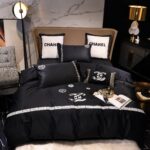 Classic Plain Black Chanel Logo Luxury Egyptian Cotton Bed Sheet 4 Pieces Bedding Set