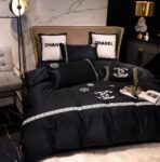 Classic Plain Black Chanel Logo Luxury Egyptian Cotton Bed Sheet 4 Pieces Bedding Set