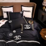 Classic Plain Black Chanel Logo Luxury Egyptian Cotton Bed Sheet 4 Pieces Bedding Set