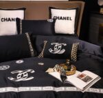 Classic Plain Black Chanel Logo Luxury Egyptian Cotton Bed Sheet 4 Pieces Bedding Set