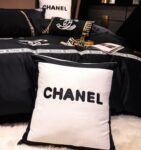 Classic Plain Black Chanel Logo Luxury Egyptian Cotton Bed Sheet 4 Pieces Bedding Set