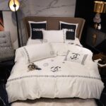 Plain White Double C Chanel Logo Design Bed Sheet Luxury Egyptian Cotton 4 Pieces Bedding Set