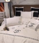 Plain White Double C Chanel Logo Design Bed Sheet Luxury Egyptian Cotton 4 Pieces Bedding Set