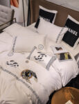 Plain White Double C Chanel Logo Design Bed Sheet Luxury Egyptian Cotton 4 Pieces Bedding Set