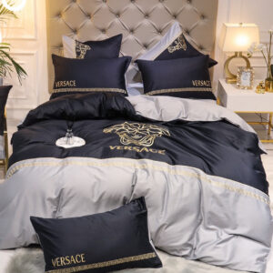 Versace Medusa Black Grey Bed Sheet Luxury Branded Logo Egyptian Cotton 4 Pieces Bedding Set