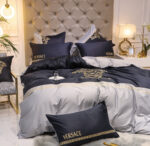 Black Grey Versace Medusa Luxury Branded Logo Egyptian Cotton 4 Pieces Bedding Set