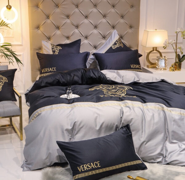 Black Grey Versace Medusa Luxury Branded Logo Egyptian Cotton 4 Pieces Bedding Set