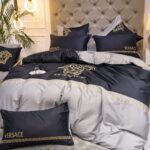 Versace Medusa Black Grey Bed Sheet Luxury Branded Logo Egyptian Cotton 4 Pieces Bedding Set