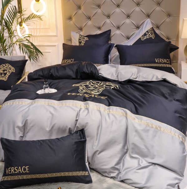 Black Grey Versace Medusa Luxury Branded Logo Egyptian Cotton 4 Pieces Bedding Set