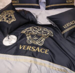 Black Grey Versace Medusa Luxury Branded Logo Egyptian Cotton 4 Pieces Bedding Set