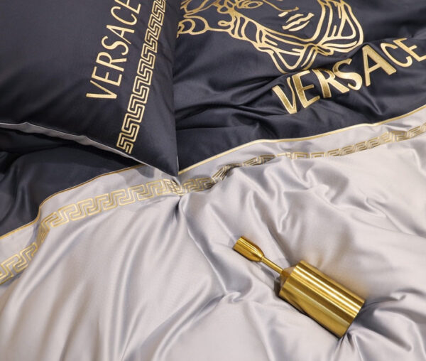 Black Grey Versace Medusa Luxury Branded Logo Egyptian Cotton 4 Pieces Bedding Set