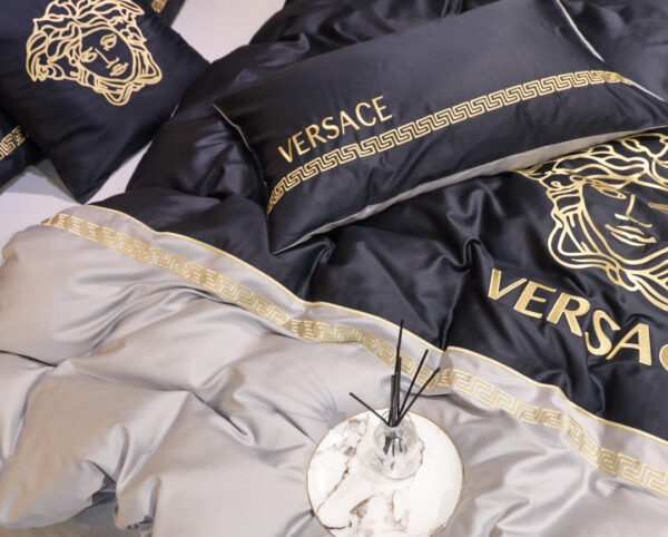 Versace Medusa Black Grey Bed Sheet Luxury Branded Logo Egyptian Cotton 4 Pieces Bedding Set