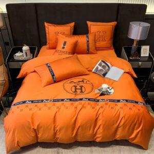 Classic Hermes Orange Bed Sheet Luxury Branded Logo Design Egyptian Cotton 4 Pieces Bedding Set