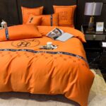 Classic Hermes Orange Bed Sheet Luxury Branded Logo Design Egyptian Cotton 4 Pieces Bedding Set