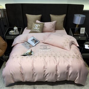 Chanel Logo Light Pink Design Bed Sheet Luxury Egyptian Cotton 4 Pieces Bedding Set