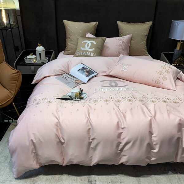 Chanel Logo Light Pink Design Bed Sheet Luxury Egyptian Cotton 4 Pieces Bedding Set