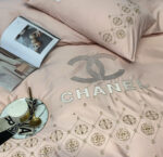 Chanel Logo Light Pink Design Bed Sheet Luxury Egyptian Cotton 4 Pieces Bedding Set