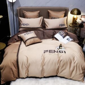 Brown Fendi Roma Design Luxury Branded Logo Bed Sheet Egyptian Cotton 4 Pieces Bedding Set