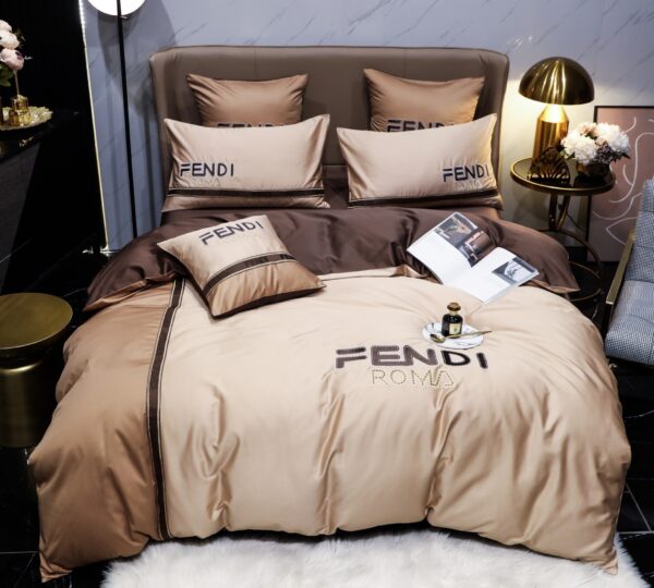 Brown Fendi Roma Design Luxury Branded Logo Bed Sheet Egyptian Cotton 4 Pieces Bedding Set