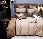 Brown Fendi Roma Design Luxury Branded Logo Bed Sheet Egyptian Cotton 4 Pieces Bedding Set