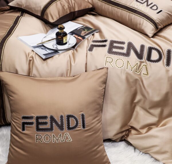 Brown Fendi Roma Design Luxury Branded Logo Bed Sheet Egyptian Cotton 4 Pieces Bedding Set