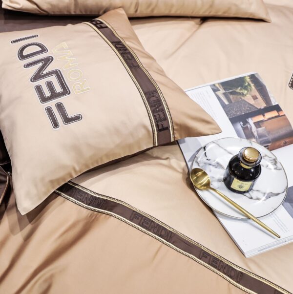 Brown Fendi Roma Design Luxury Branded Logo Bed Sheet Egyptian Cotton 4 Pieces Bedding Set