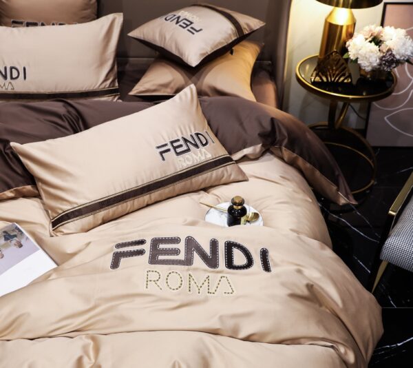 Brown Fendi Roma Design Luxury Branded Logo Bed Sheet Egyptian Cotton 4 Pieces Bedding Set