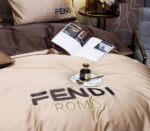 Brown Fendi Roma Design Luxury Branded Logo Bed Sheet Egyptian Cotton 4 Pieces Bedding Set