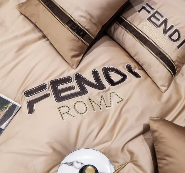 Brown Fendi Roma Design Luxury Branded Logo Bed Sheet Egyptian Cotton 4 Pieces Bedding Set