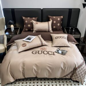 Classic Double G Gucci Luxury Branded Logo Brown Bed Sheet Egyptian Cotton 4 Pieces Bedding Set