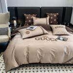 Classic Double G Gucci Luxury Branded Logo Brown Bed Sheet Egyptian Cotton 4 Pieces Bedding Set