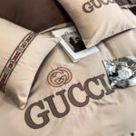 Classic Double G Gucci Luxury Branded Logo Brown Bed Sheet Egyptian Cotton 4 Pieces Bedding Set